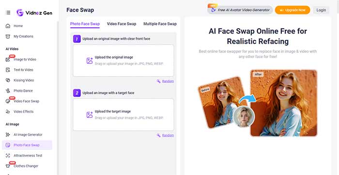 پلتفرم آنلاین Vidnoz Face Swap 